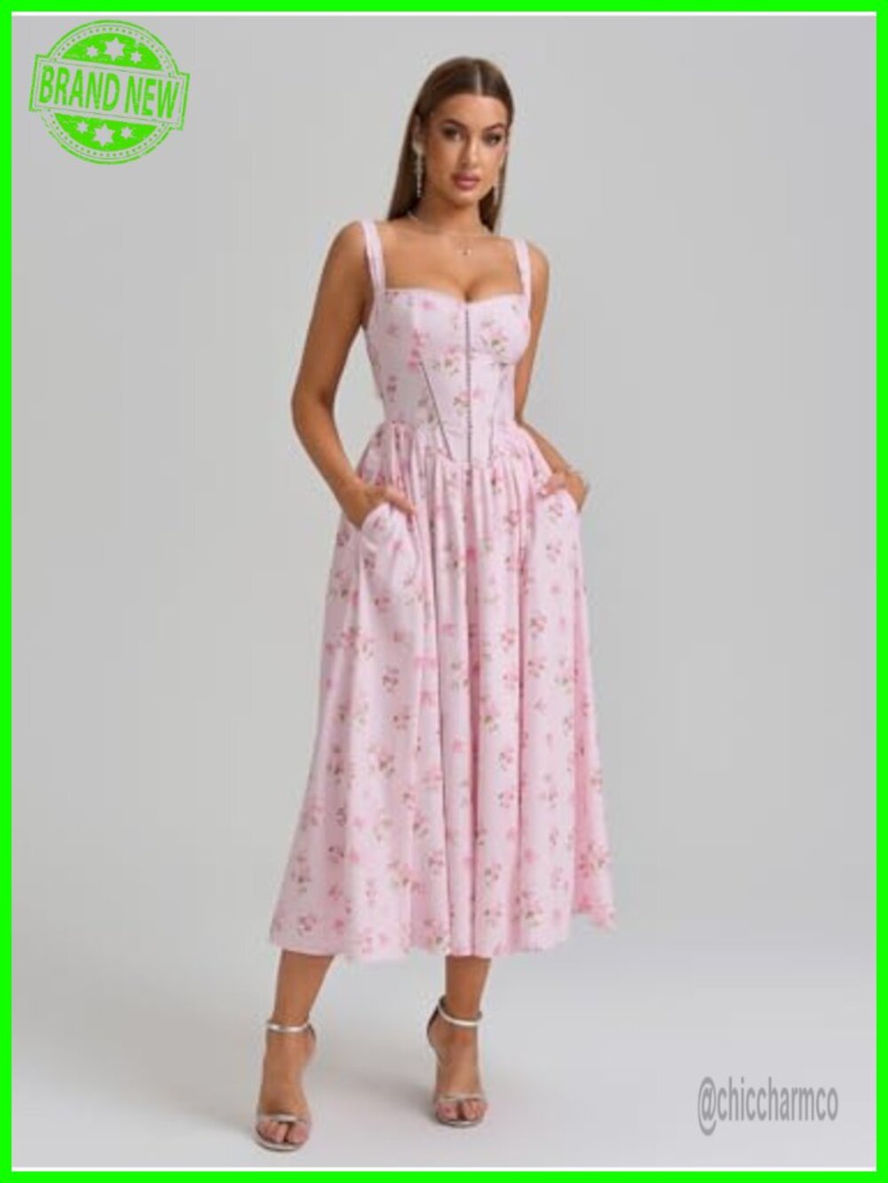 Floral Corset Midi Dress with Pockets Flowy Square Neck Smocked A-Line Summer - Picture 2 of 7